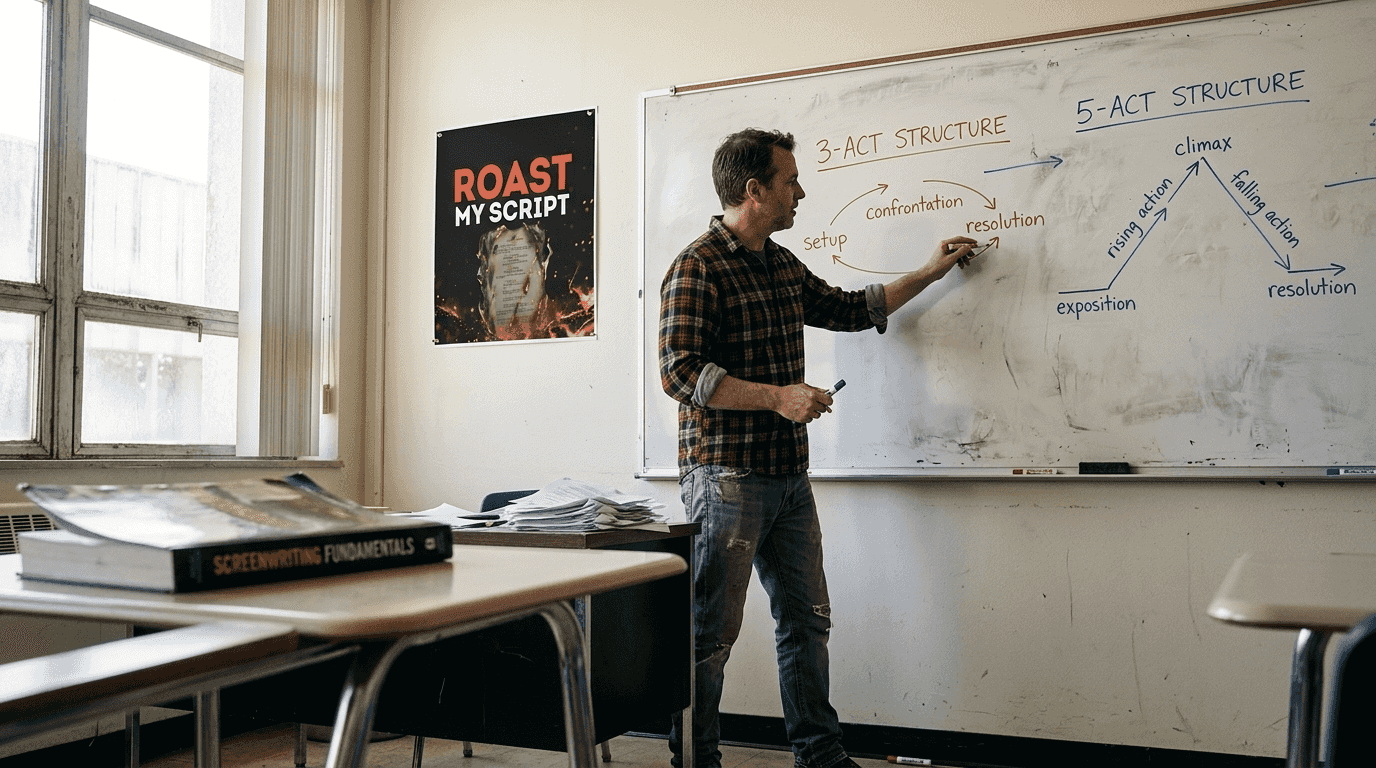 Instructor explaining screenplay structure diagrams