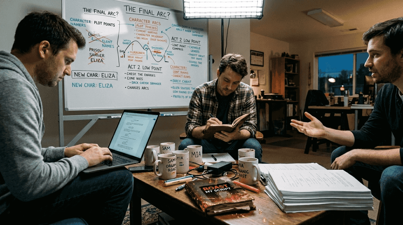 Writers collaborating with AI for script ideas