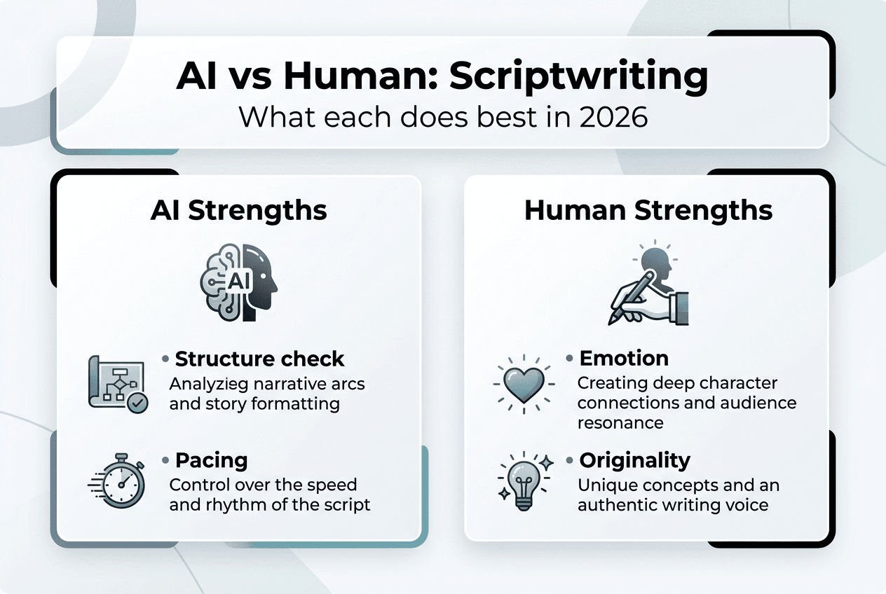 Infographic comparing AI and human scriptwriting strengths