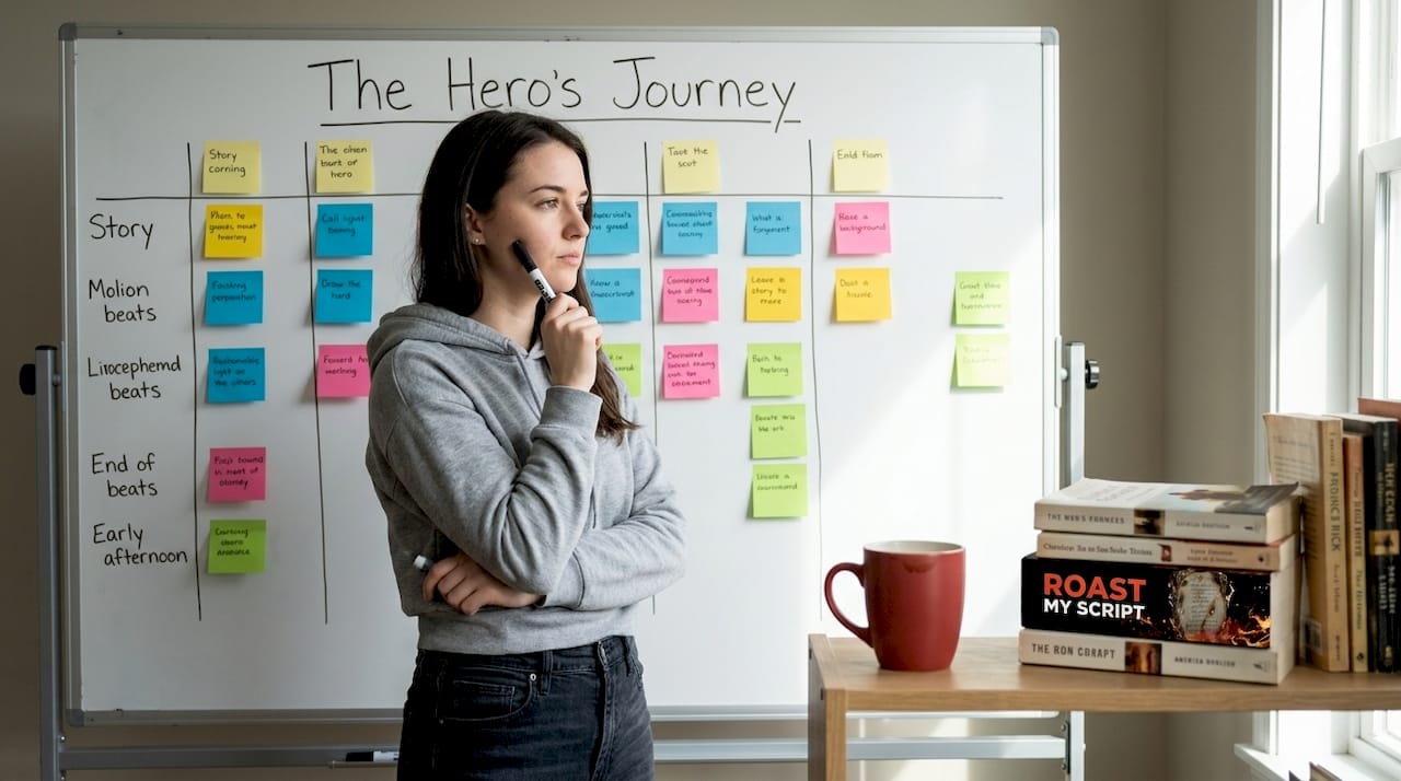 Writer studying Hero's Journey beat board