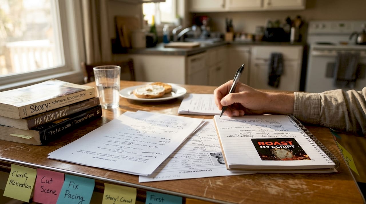 Writer analyzing character notes with script pages