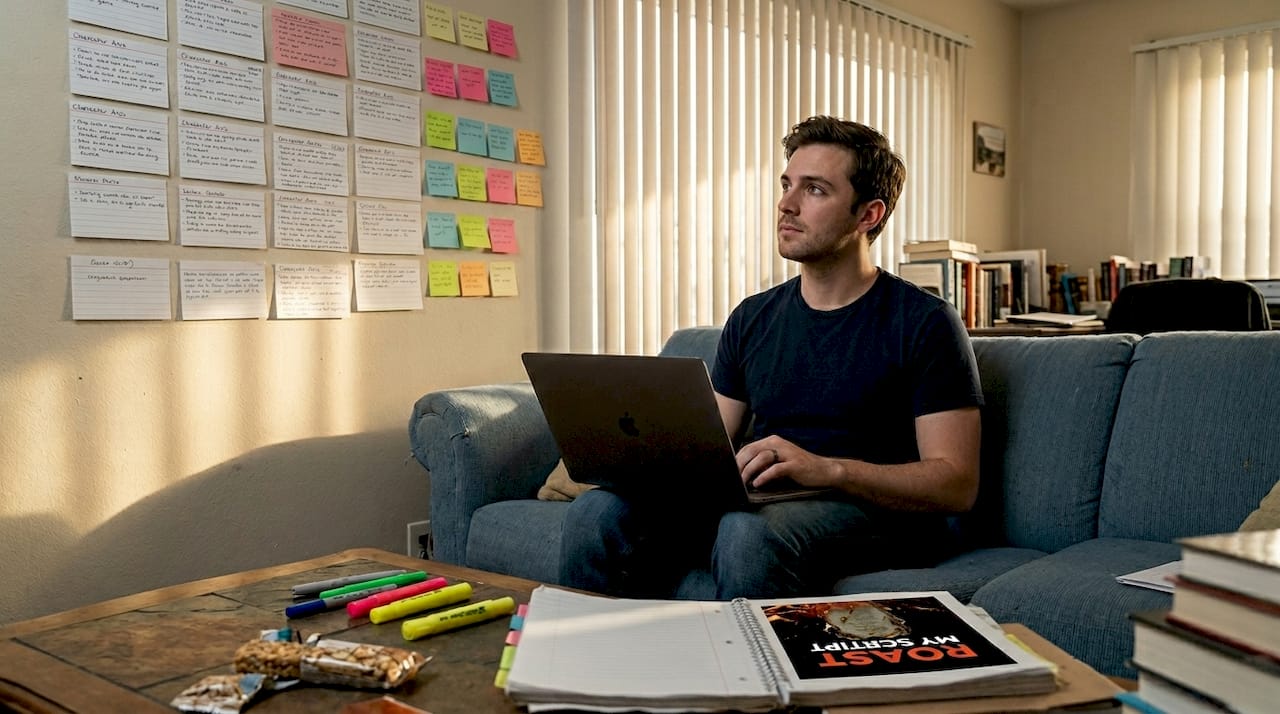 Writer mapping character contradictions on wall