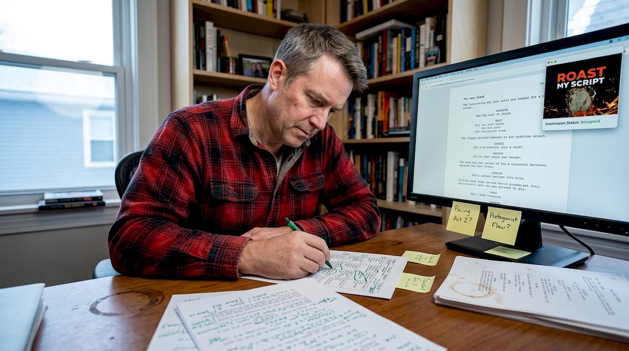 Writer revising screenplay beat sheet at desk