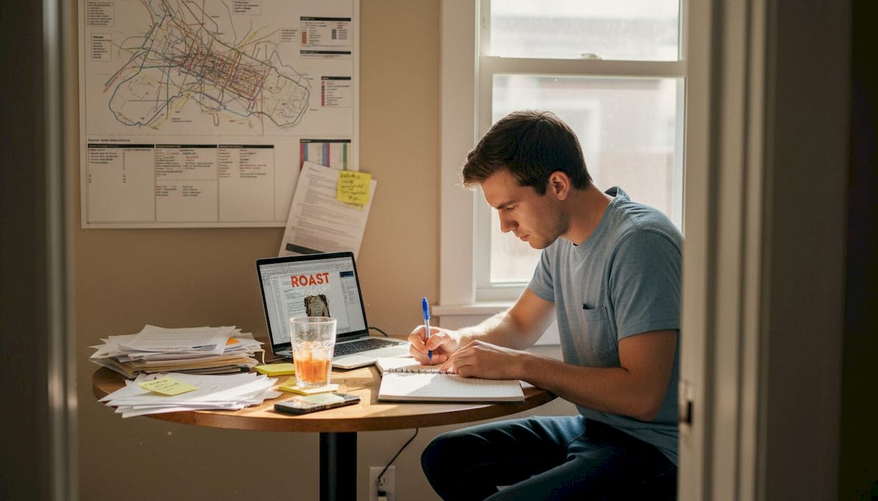 Writer developing character arcs at cluttered desk