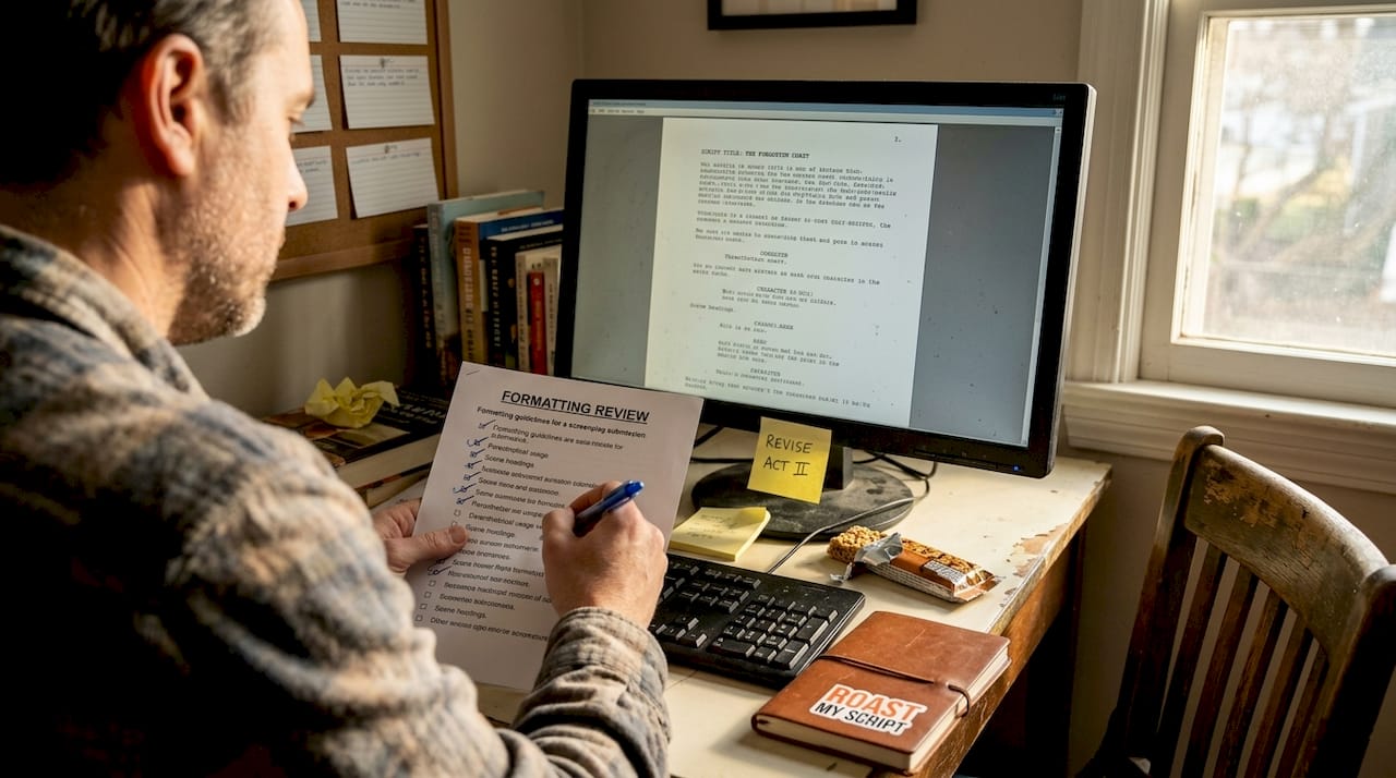 Writer checks script formatting at home office