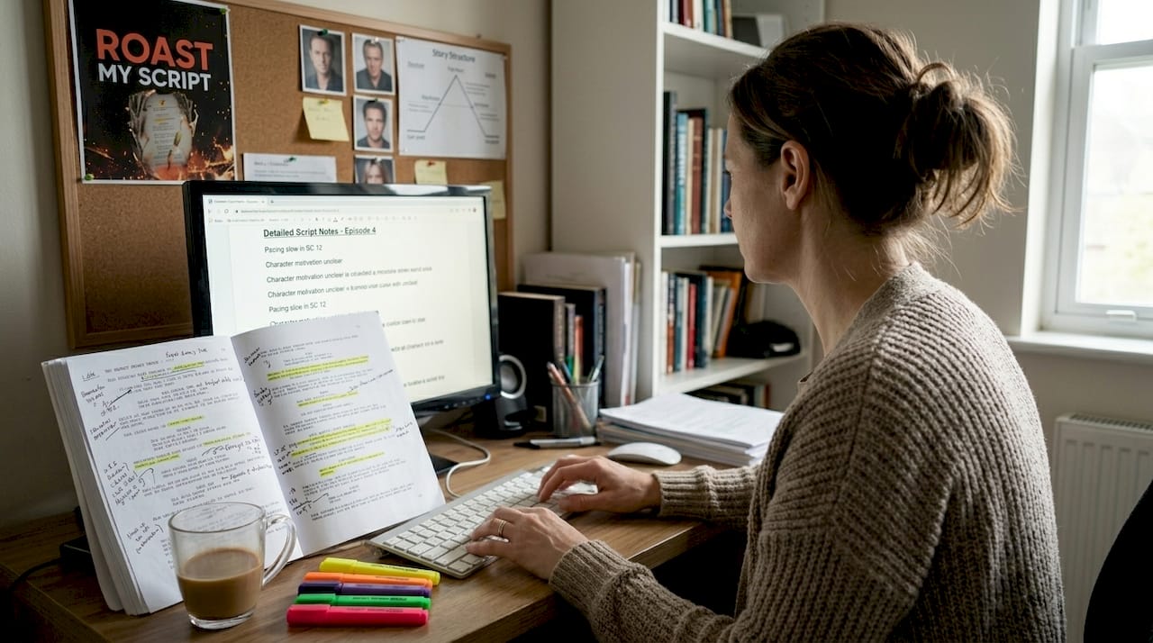 Script doctor editing screenplay at desk