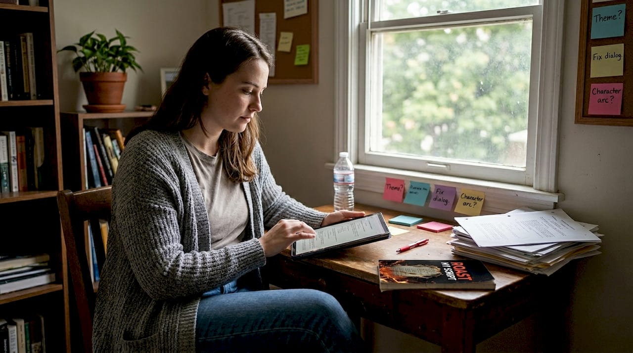 Script analyst reading screenplay on tablet