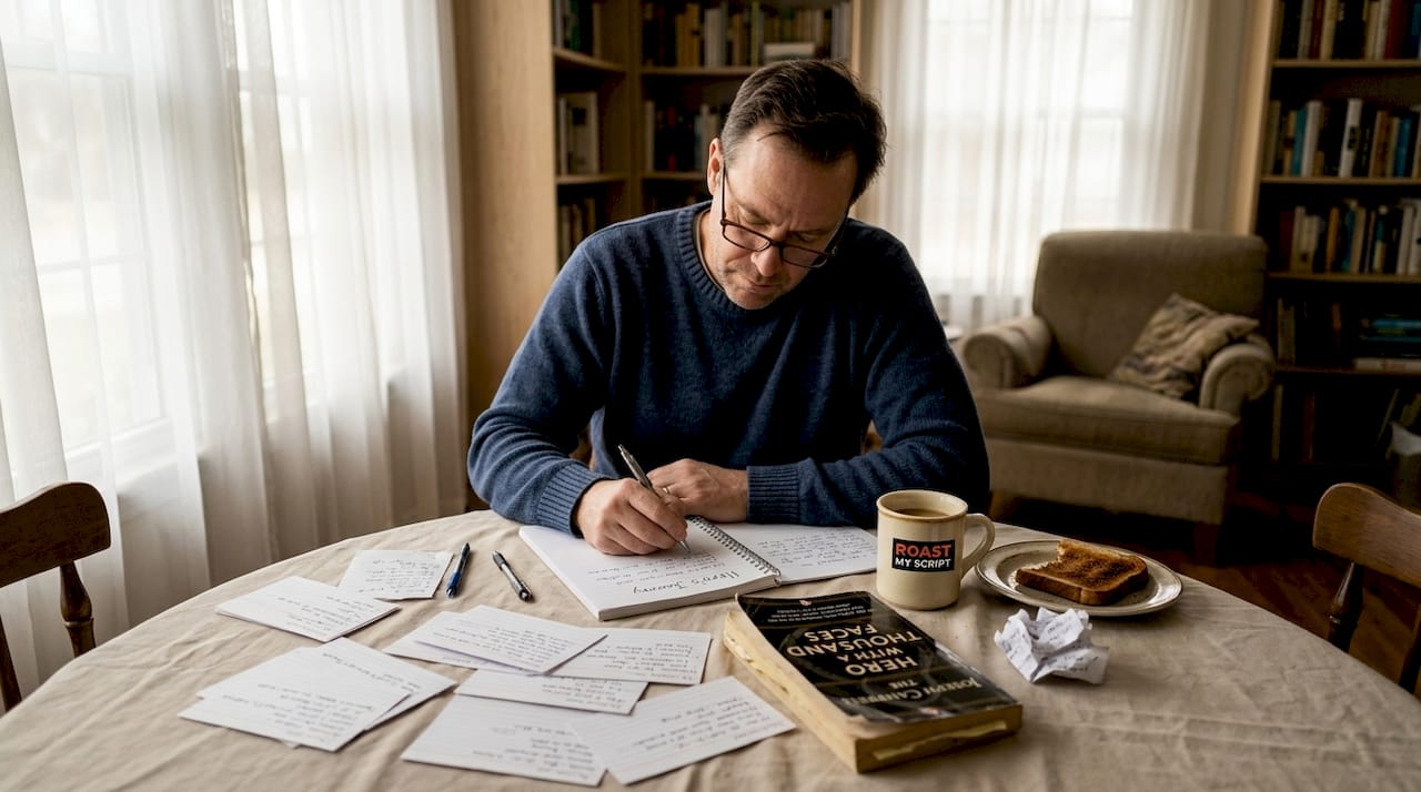 Writer outlining Hero’s Journey story beats