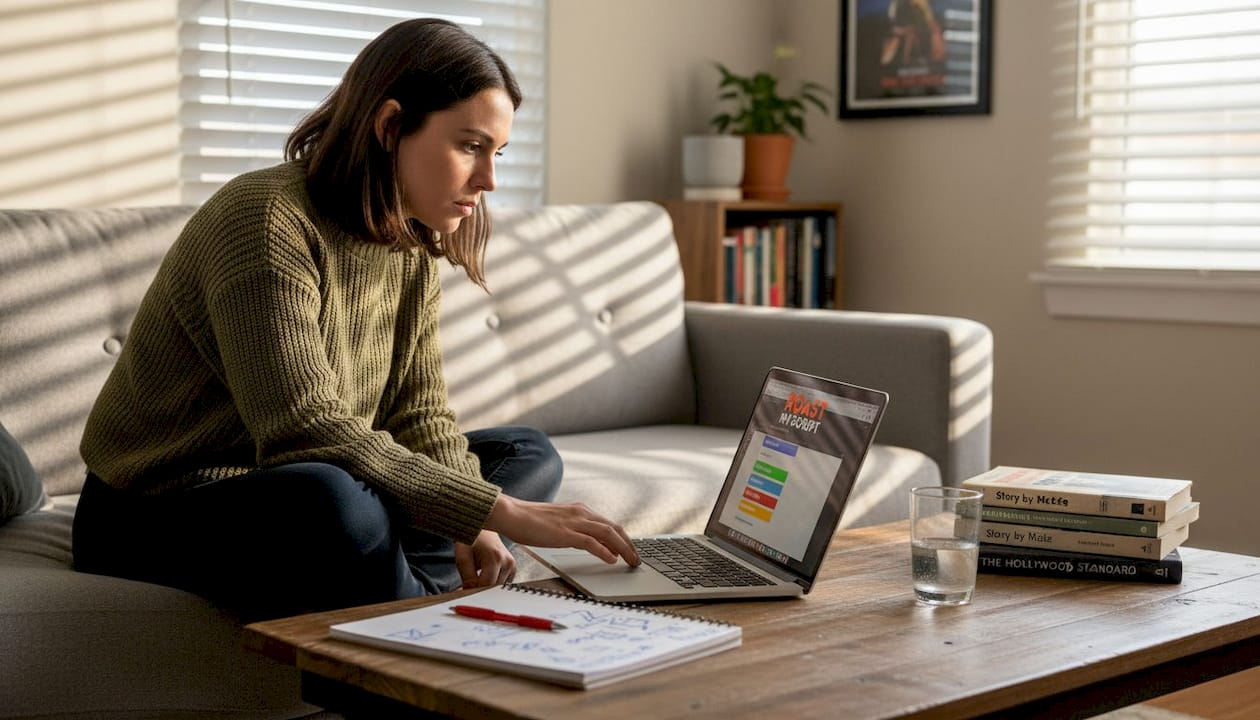Woman studying script structure on laptop at home