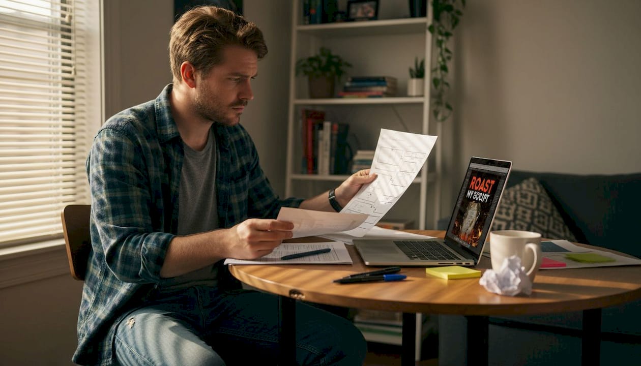 Writer comparing plot chart and script on laptop