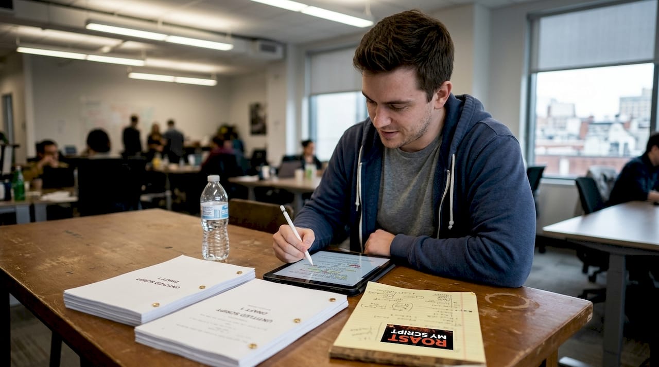 Script reader marking screenplay in shared workspace