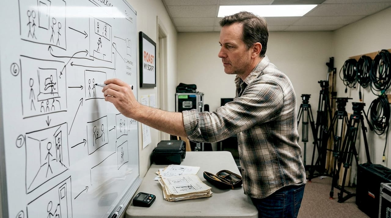 Director sketching scene blocking in studio