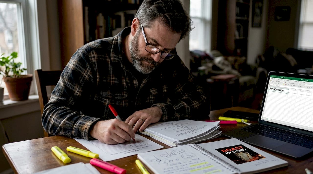 Writer using checklist to review screenplay
