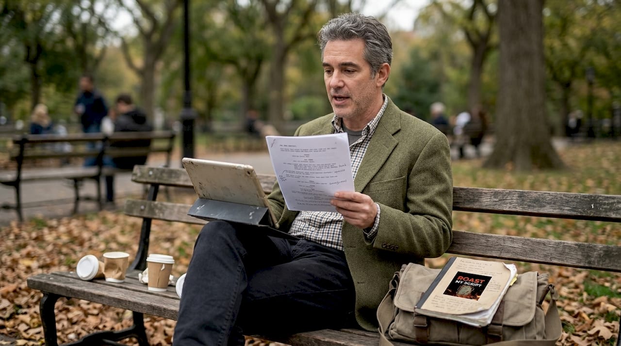Man revising script dialogue in park