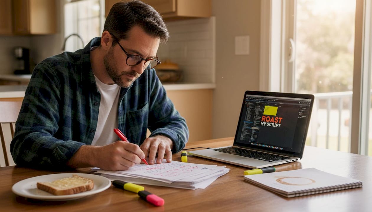 Screenwriter editing printed script at kitchen table