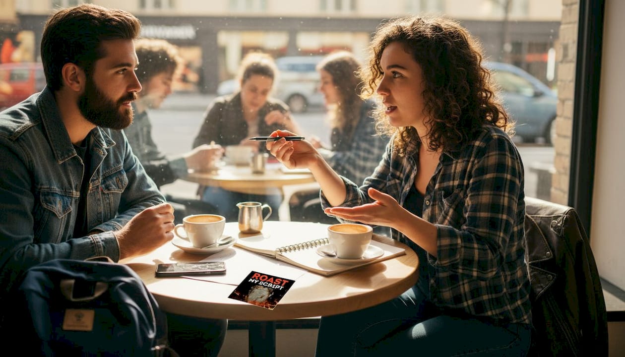 Writer pitching concept to friend in café