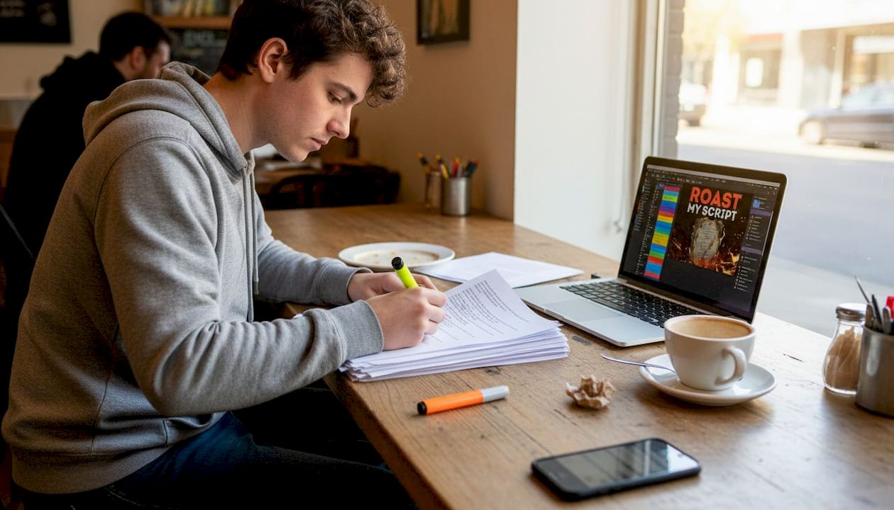 Person analyzing screenplay scenes in cafe