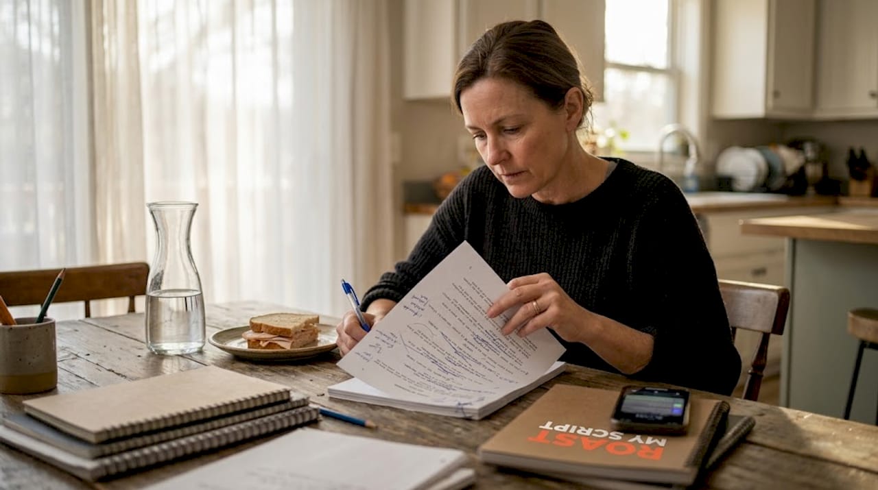 Writer revising script at kitchen table