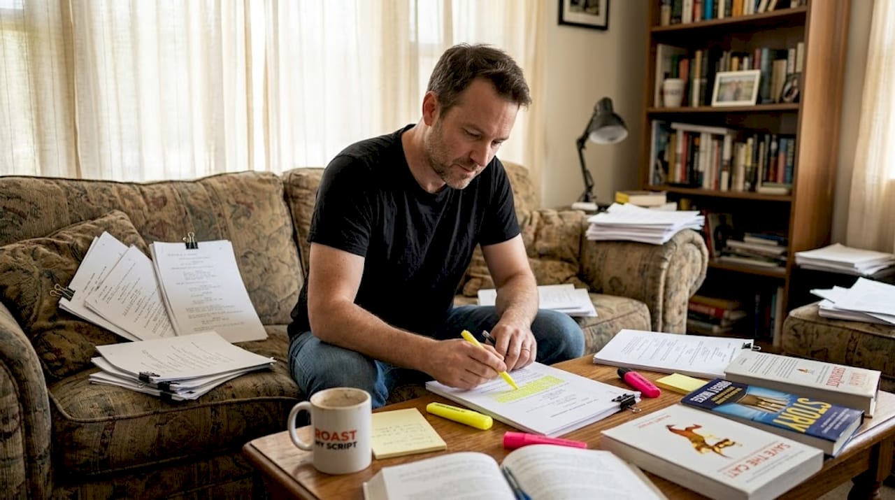 Writer marking screenplay with three-act structure