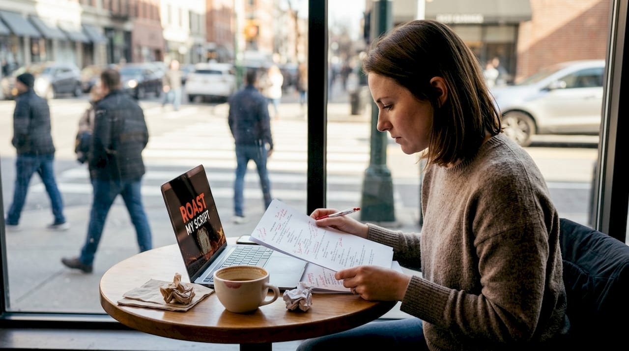 Script editor reviewing notes in coffee shop