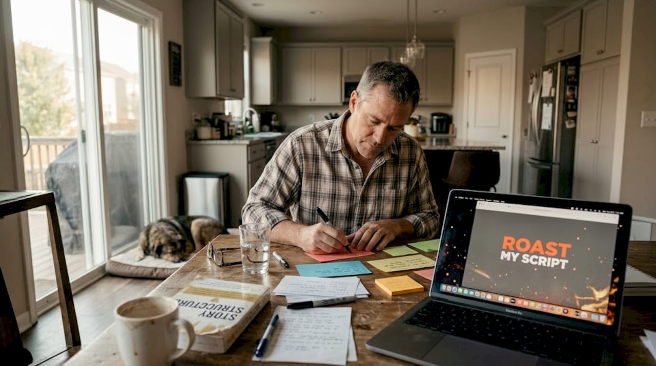 Writer arranging script scene cards and notes