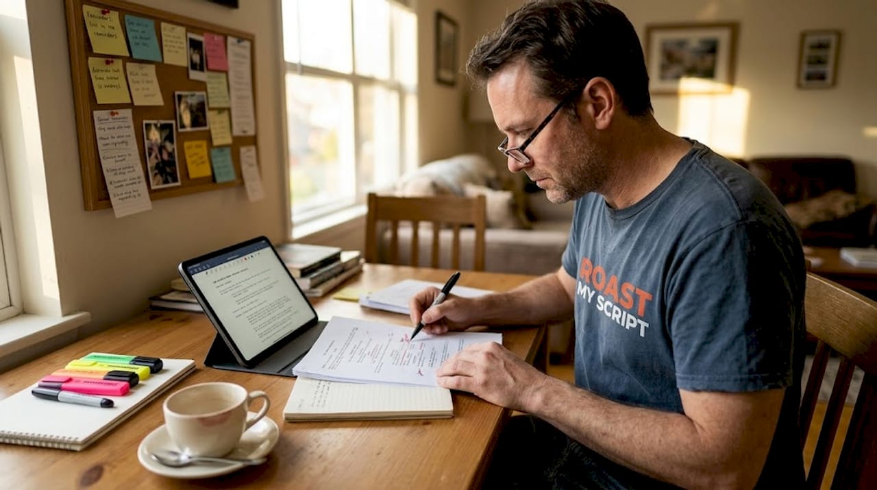 Writer comparing printed script to guidelines