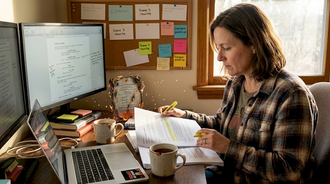 Writer reviewing feedback on printed script report