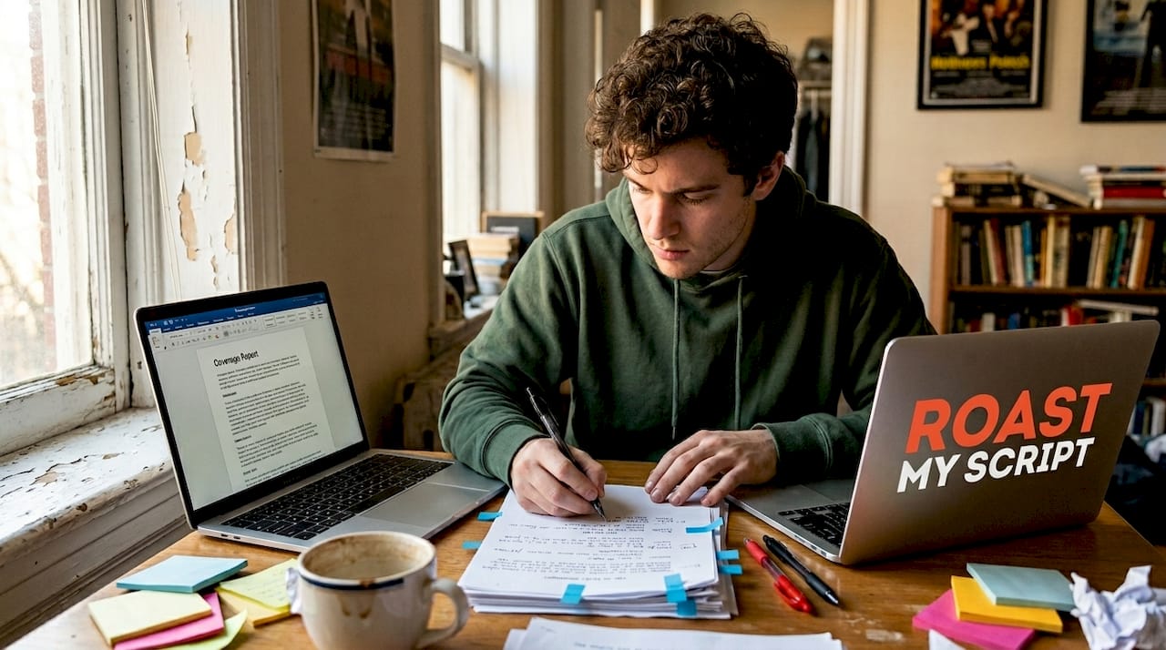 Writer revising script with feedback notes