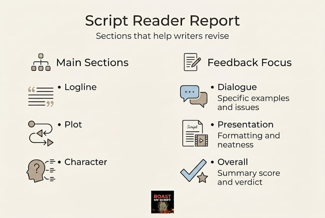 Infographic with script report main sections and feedback