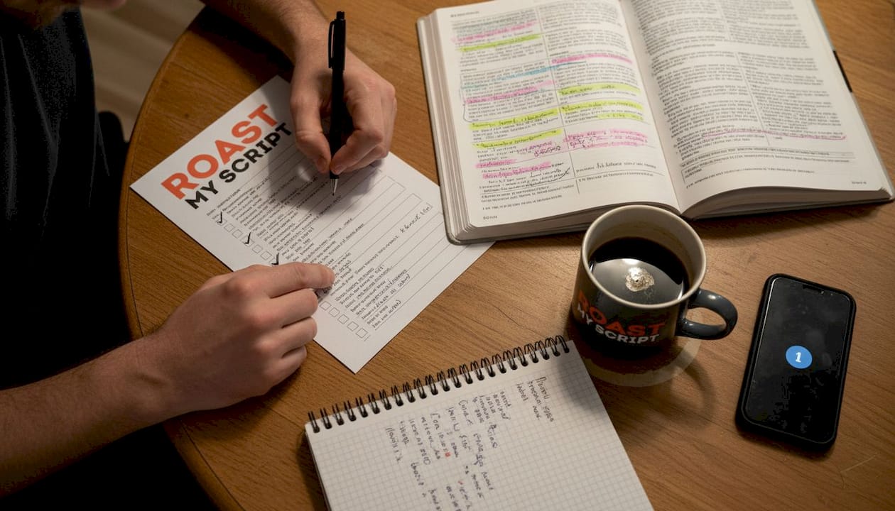 Hands marking checklist over script notes