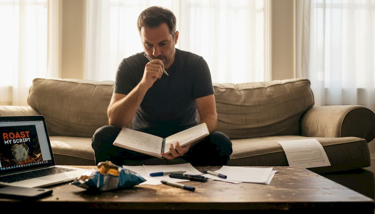 Writer revising script notes on living room sofa