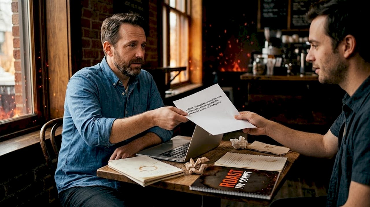 Writer shares logline for feedback in café