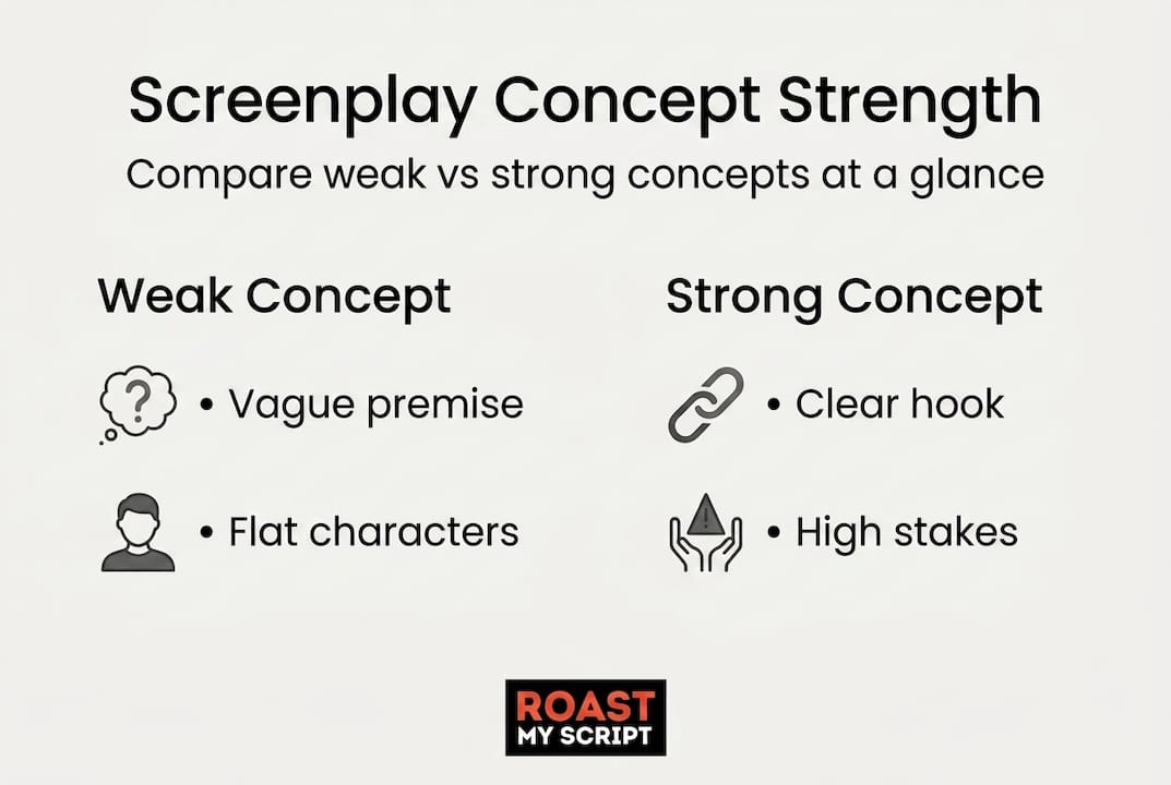 Infographic comparing weak and strong screenplay concepts