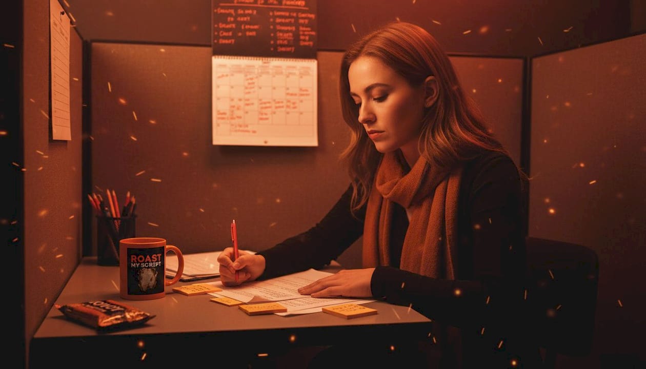 Script reader reviewing printed screenplay in office