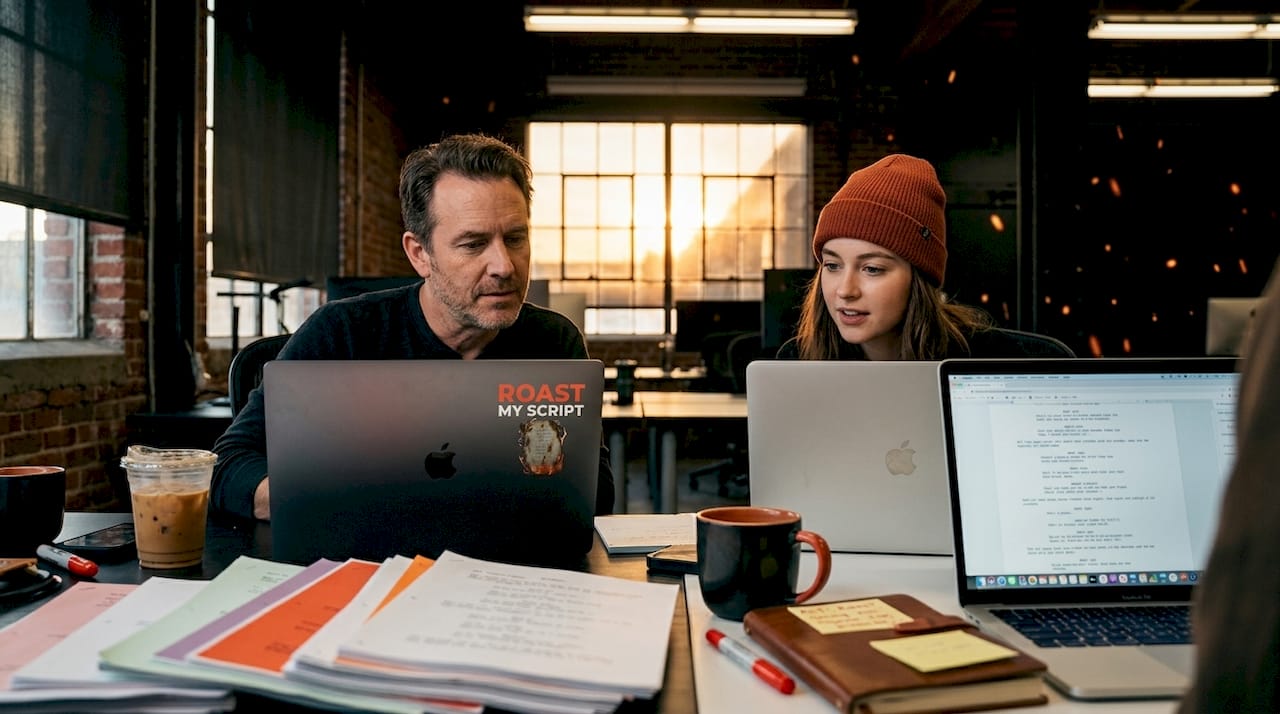 Two writers review script notes together