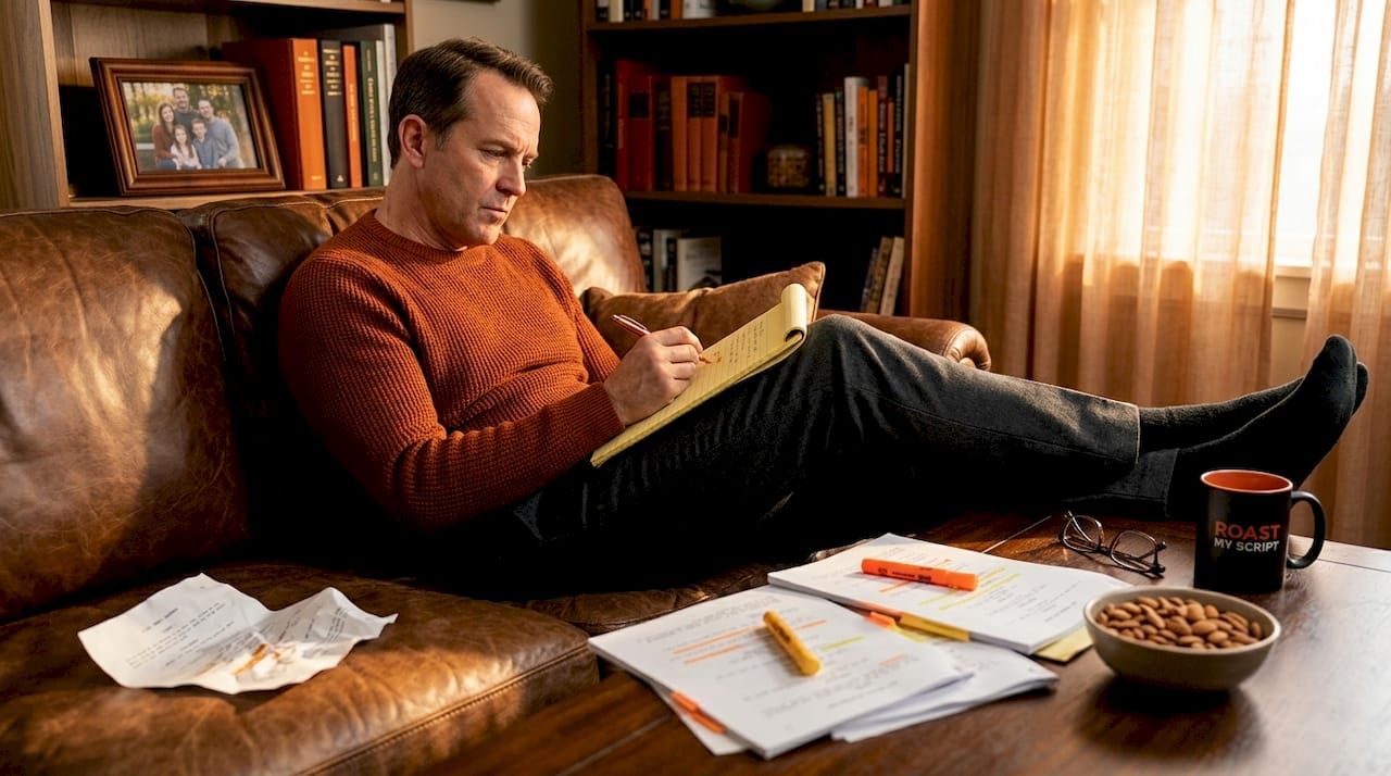Writer developing characters on sofa with notes