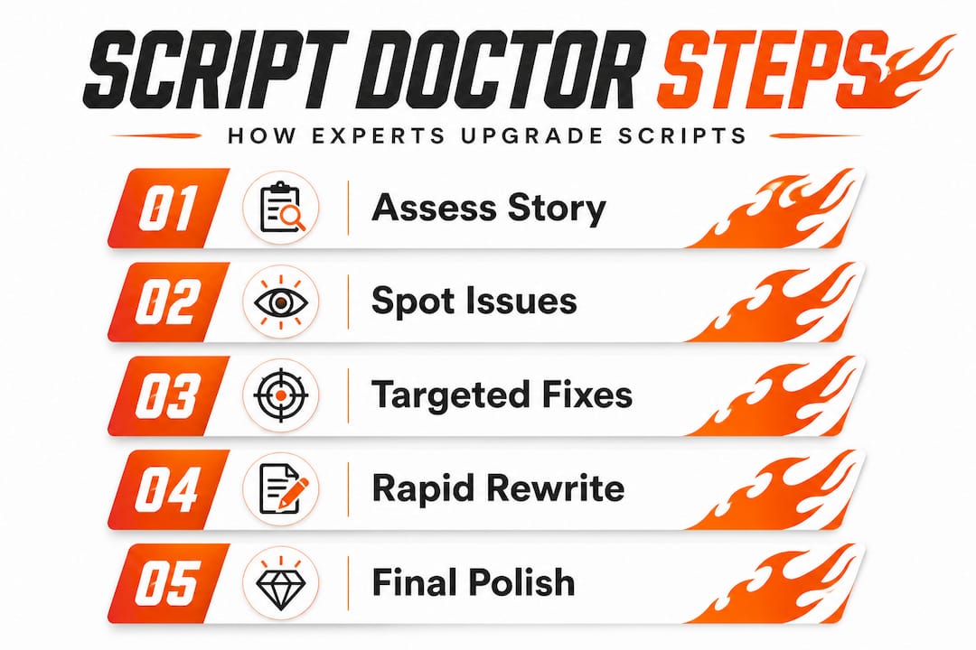 Infographic showing five steps of script doctor process