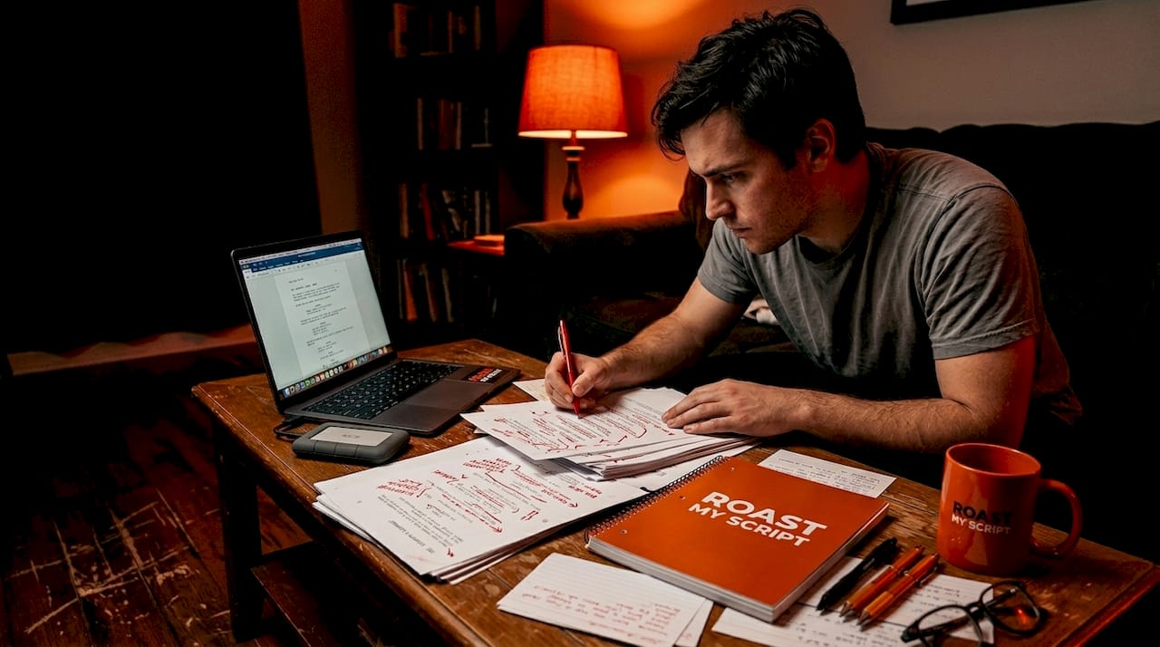 Writer editing script late at night