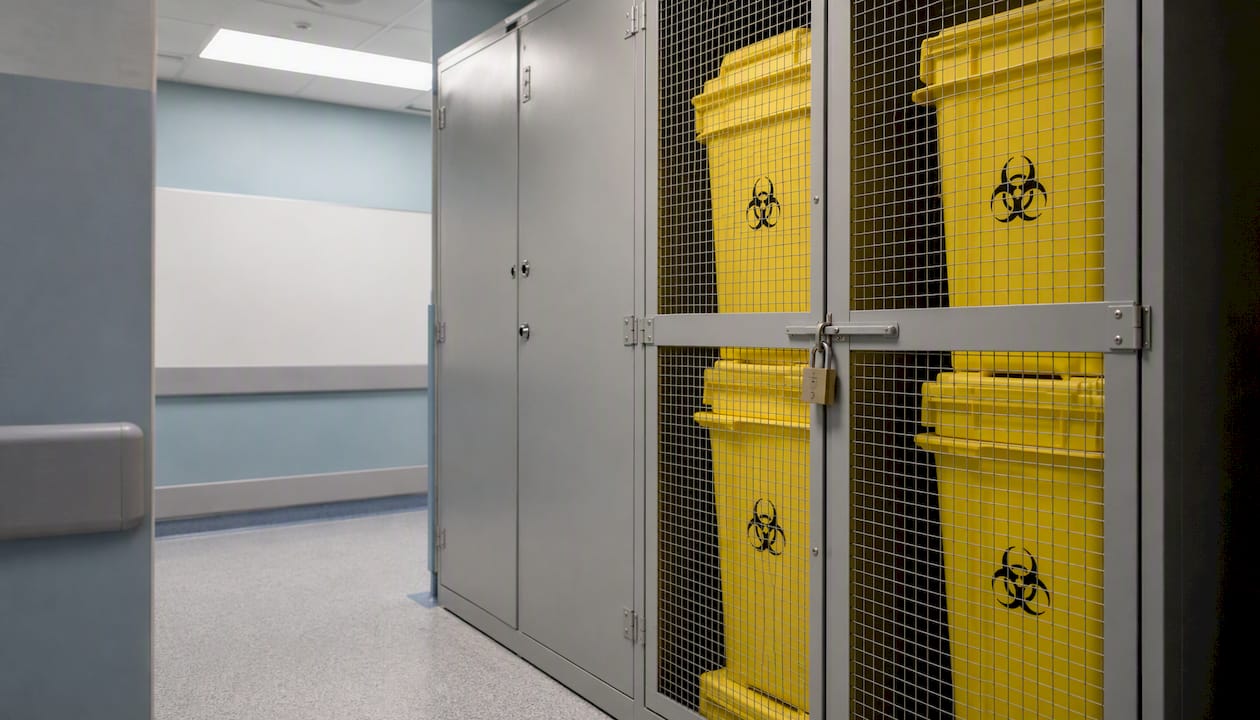 Locked clinical waste storage room with bins