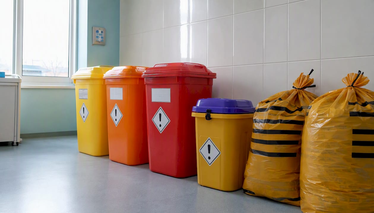 Clinical waste bins with HTM 07-01 colour codes