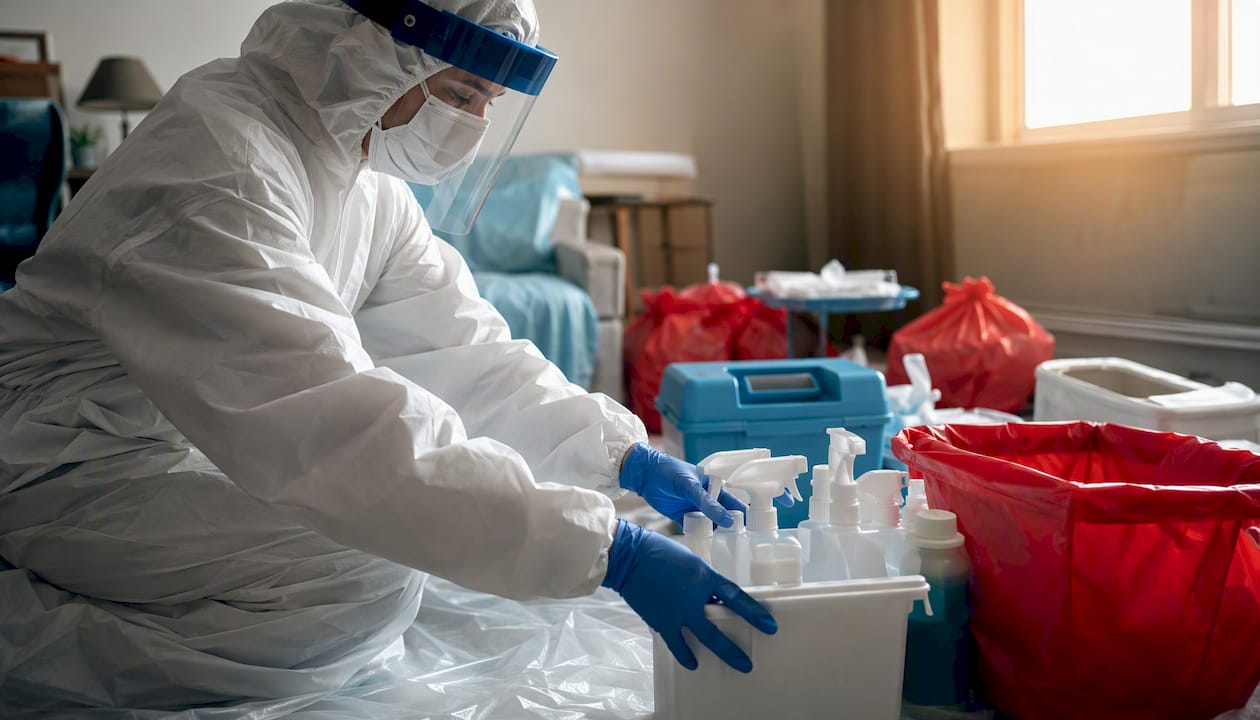 Technician in PPE preparing trauma cleaning equipment