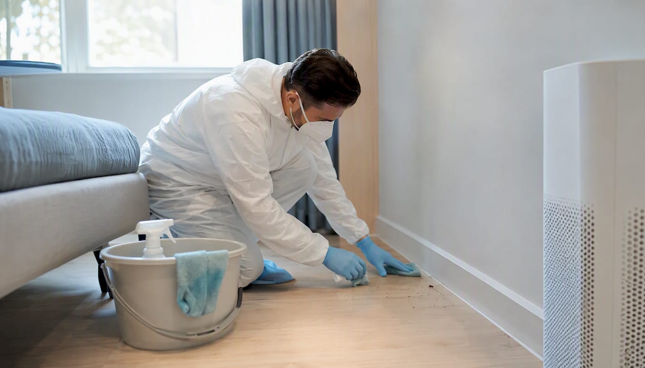Technician cleaning rodent droppings with PPE