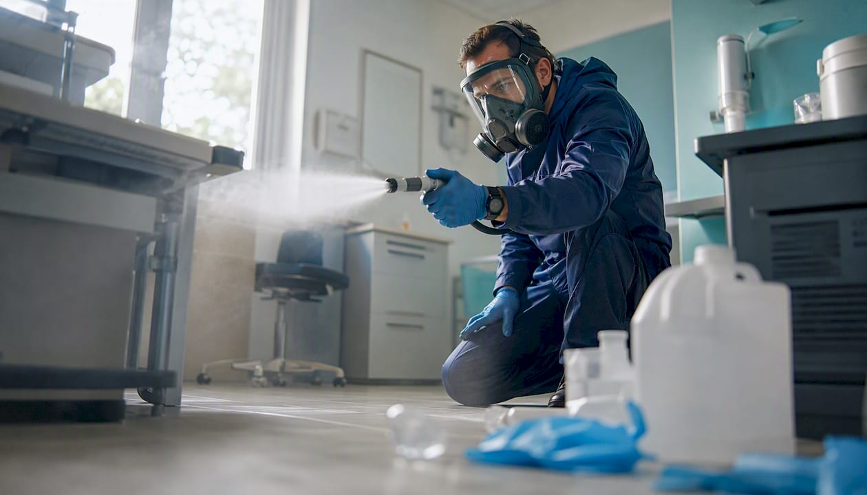 Technician spraying biocidal disinfectant mist indoors