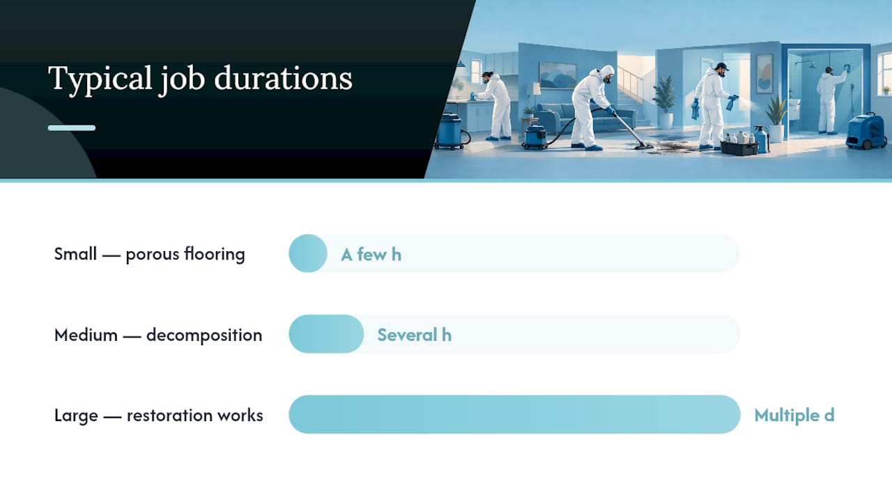 Typical trauma scene cleaning job durations and factors infographic