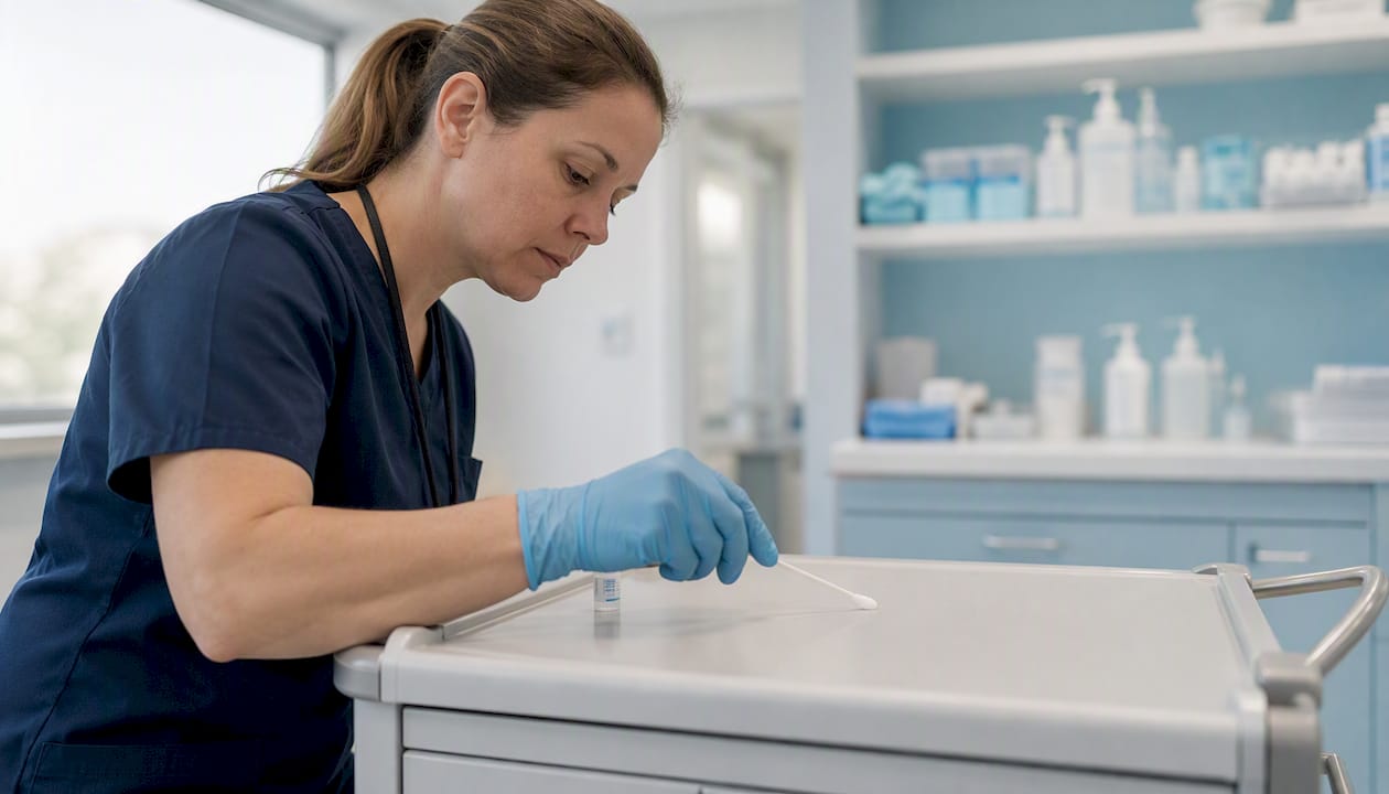 Technician swabbing surface for cleaning efficacy audit