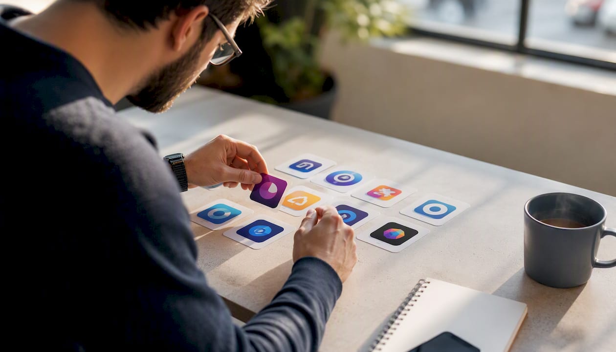 Hands sorting app icon designs on desk