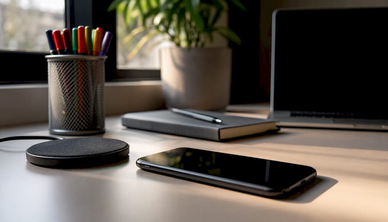 Tech workspace with smartphone and data accessories