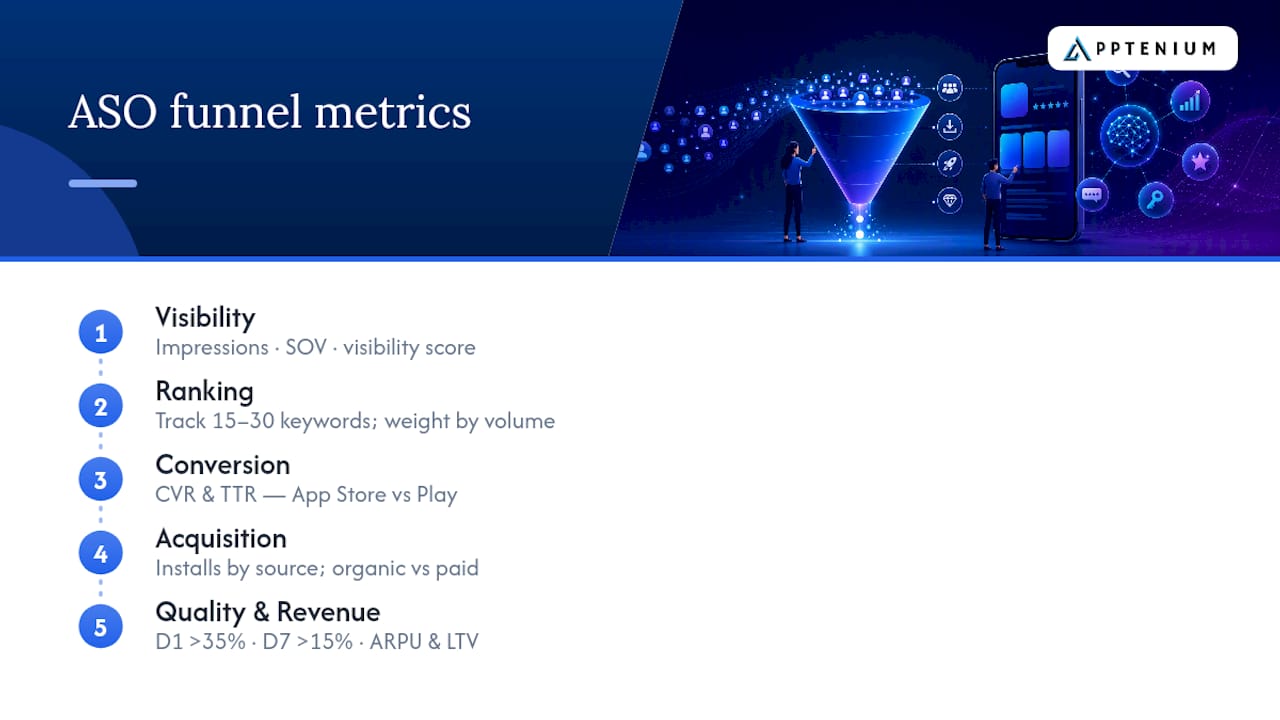 Diagram of ASO funnel metrics and keyword basket structure