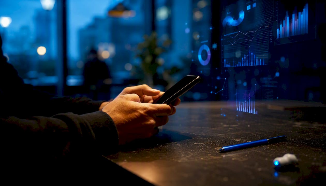 Close-up side view of hands with smartphone edge and digital data glow