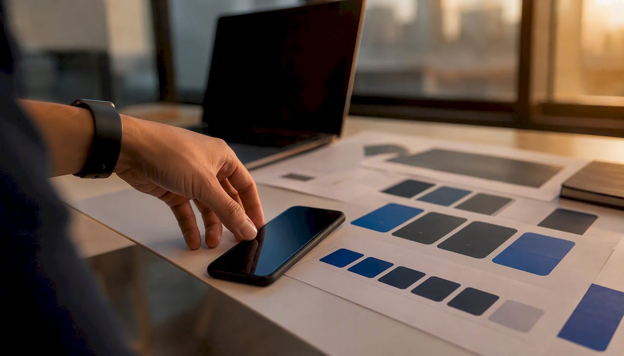 Hand adjusting graphic test materials on table